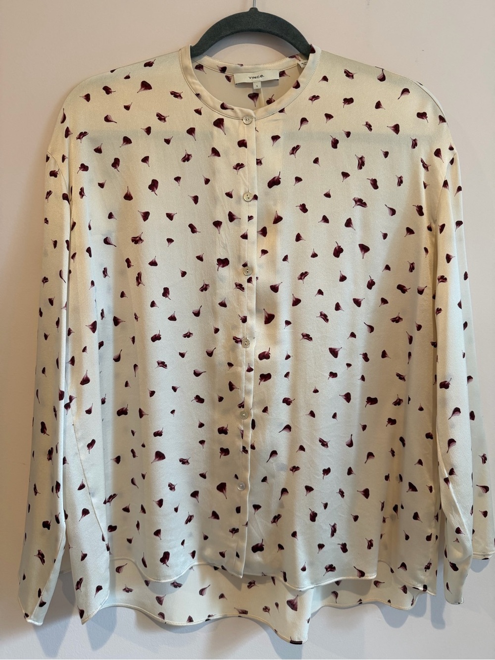 Vince 100% Silk Cream Blouse with Burgundy Flower Petal Print
